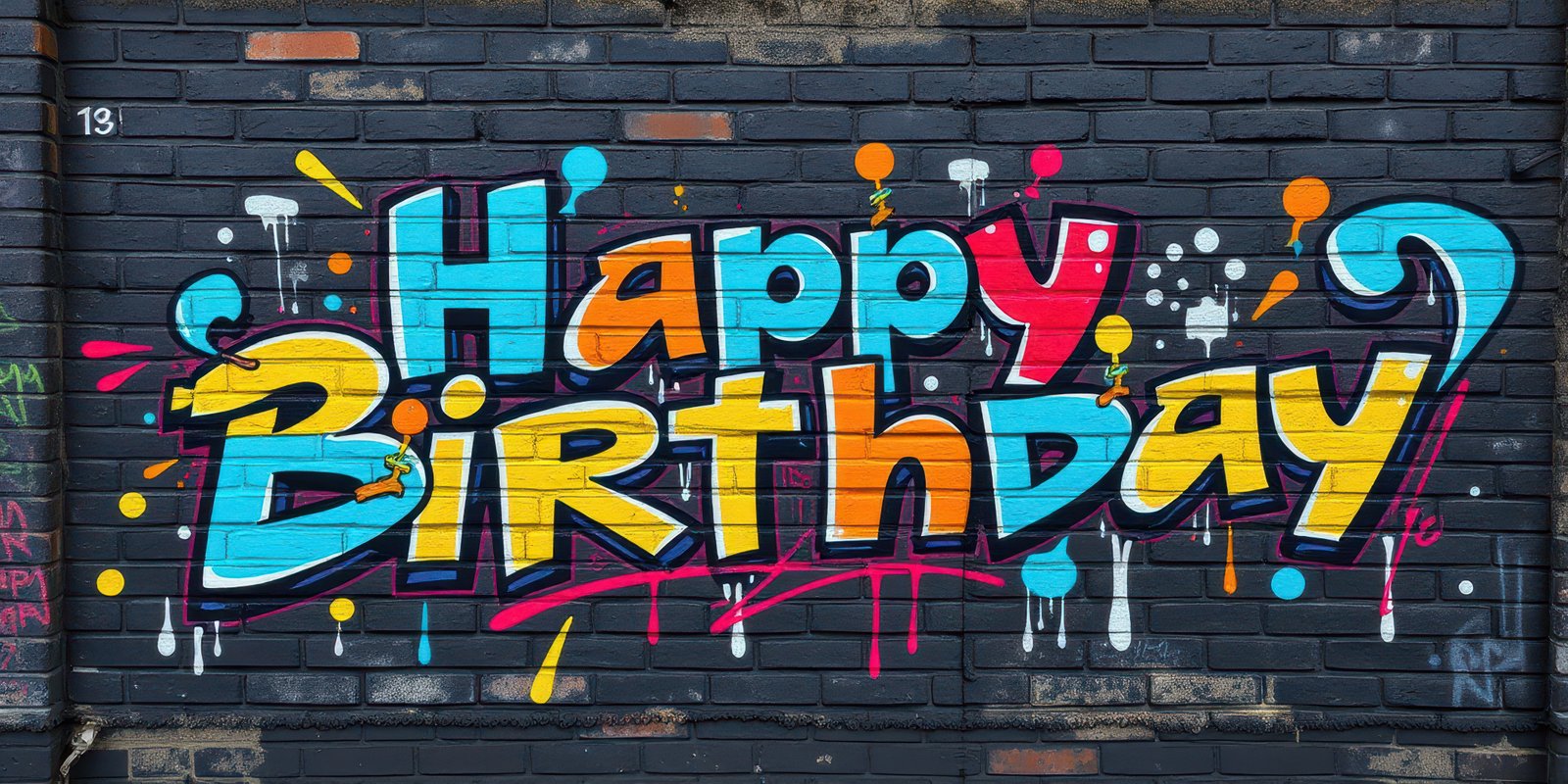 Vibrant birthday mural on a city wall showcasing creative artwork with bright colors and playful letters